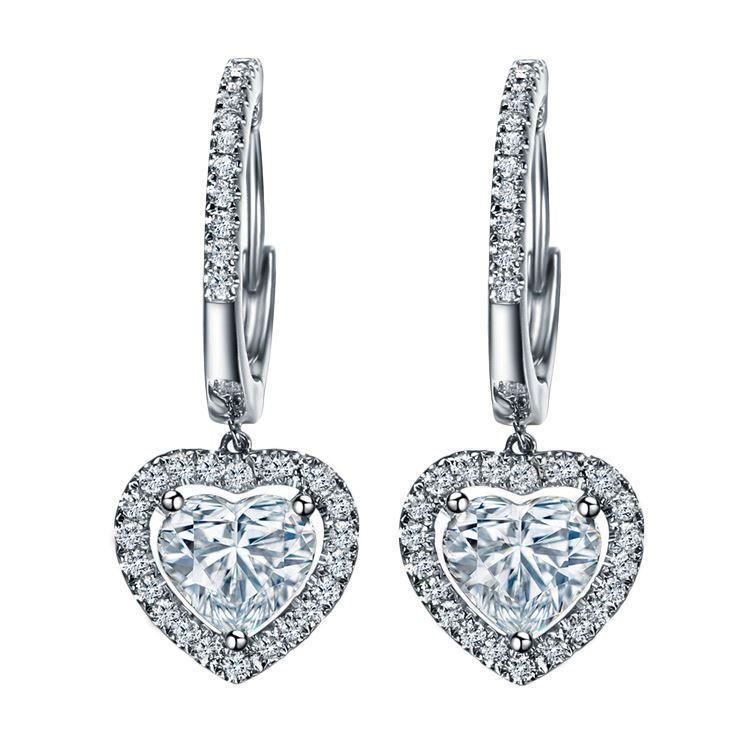 Boucles d'Oreilles Pendantes Véritable Diamants Taille Cœur Et Rond 3.40 Ct Or Blanc 14K