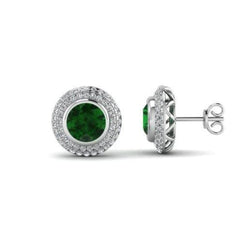 Boucles d'Oreilles Rondes Emeraude Vert & Diamant 5.90 Carats Stud Halo Or Blanc 14K