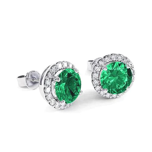 Boucles d'Oreilles Tige Émeraude Vert Avec Diamants 6.5 Carats Or Blanc 14K