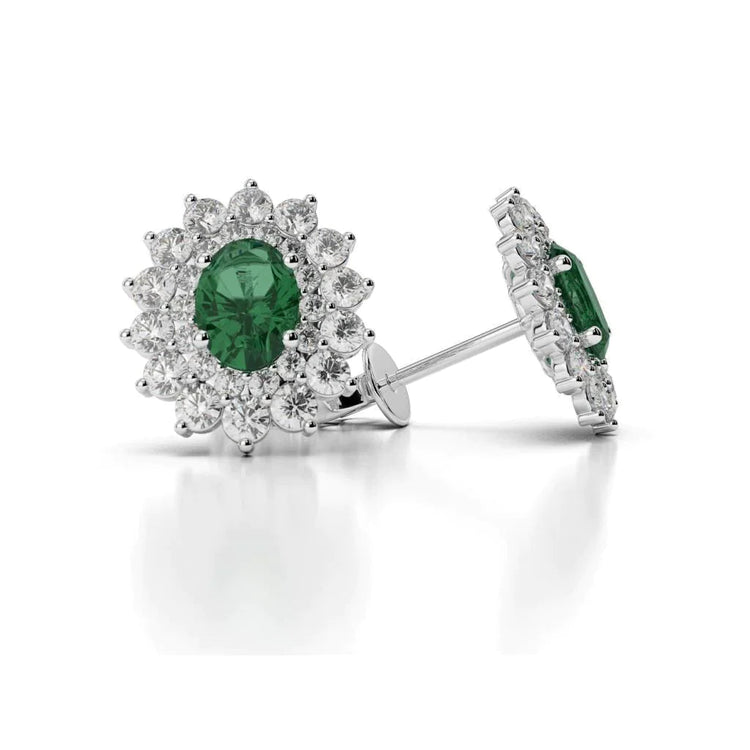 Boucles d'Oreilles Tige Emeraude Vert Taille Ronde 6.50 Carats & Diamants Or Blanc 14k