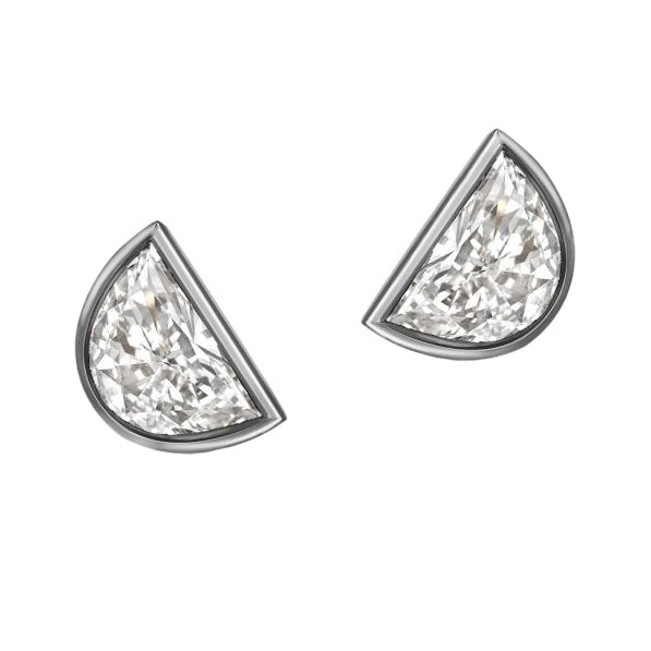 Boucles d'Oreilles Tige Véritable Diamant Demi Lune Or Blanc Serti Clos 2 Carats