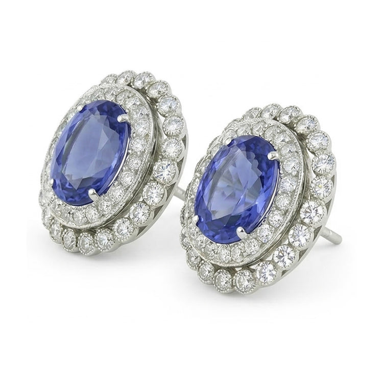 Boucles d'oreilles en saphir rond ovale avec halo de diamants de Ceylan 5.50 ct. GT 14K