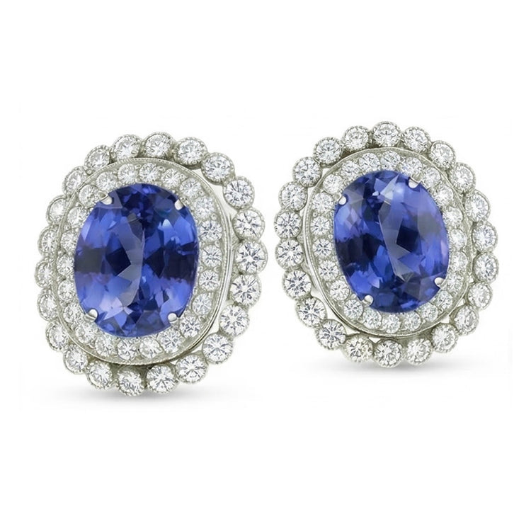 Boucles d'oreilles en saphir rond ovale avec halo de diamants de Ceylan 5.50 ct. GT 14K