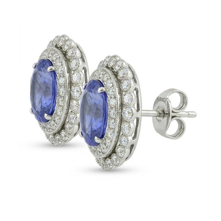 Boucles d'oreilles en saphir rond ovale avec halo de diamants de Ceylan 5.50 ct. GT 14K