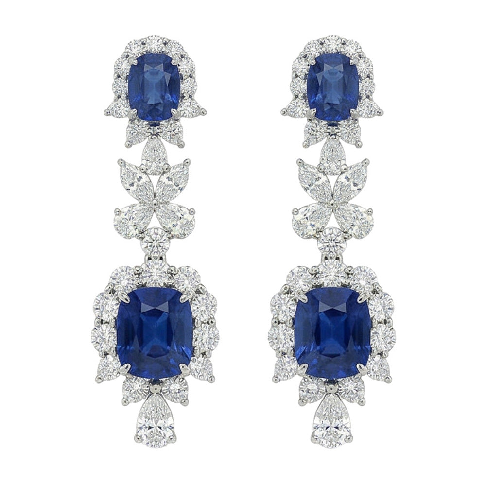 Boucles d'oreilles pendantes 30 carats en saphir de Ceylan et diamants