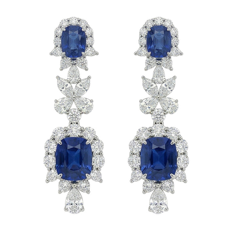 Boucles d'oreilles pendantes 30 carats en saphir de Ceylan et diamants