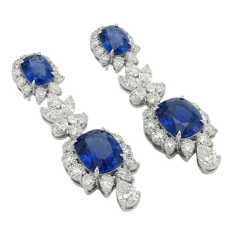 Boucles d'oreilles pendantes 30 carats en saphir de Ceylan et diamants