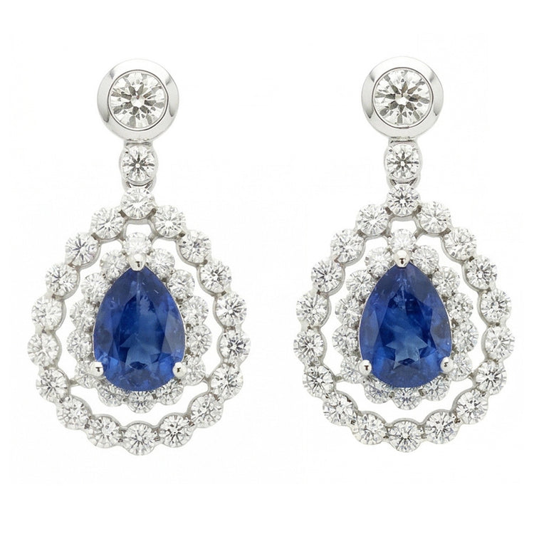 Boucles d'oreilles pendantes saphir et diamant du Sri Lanka taille poire 5.50 ct