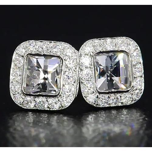 Boucles d'oreilles Asscher Naturel Diamond Halo Stud 4 Carats Or Blanc 14K Bijoux