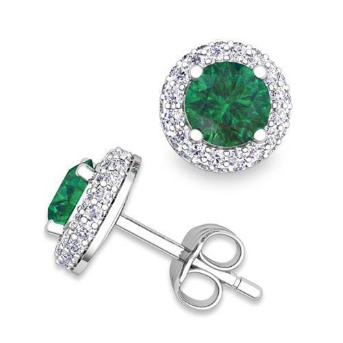 Boucles d'oreilles Halo 6 carats émeraude Vert et diamants Coupe Ronde en or blanc