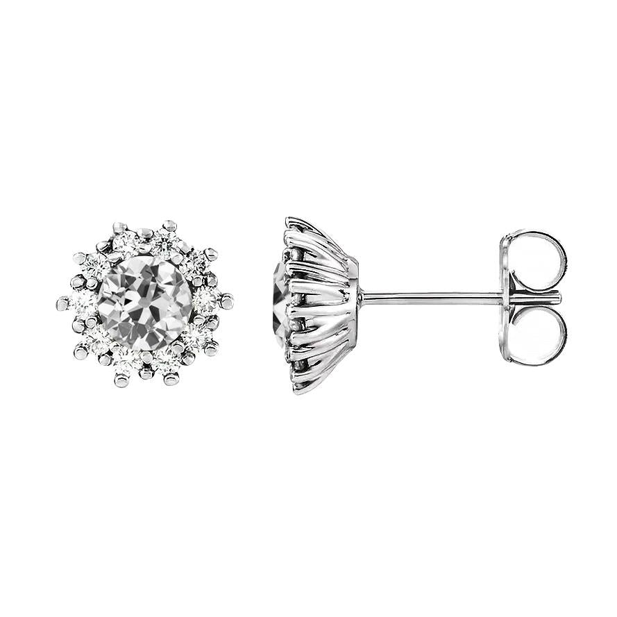 Boucles d'oreilles Halo Stud 4 Carats Vieux mineur Réel Diamond Flower Style Push Backs