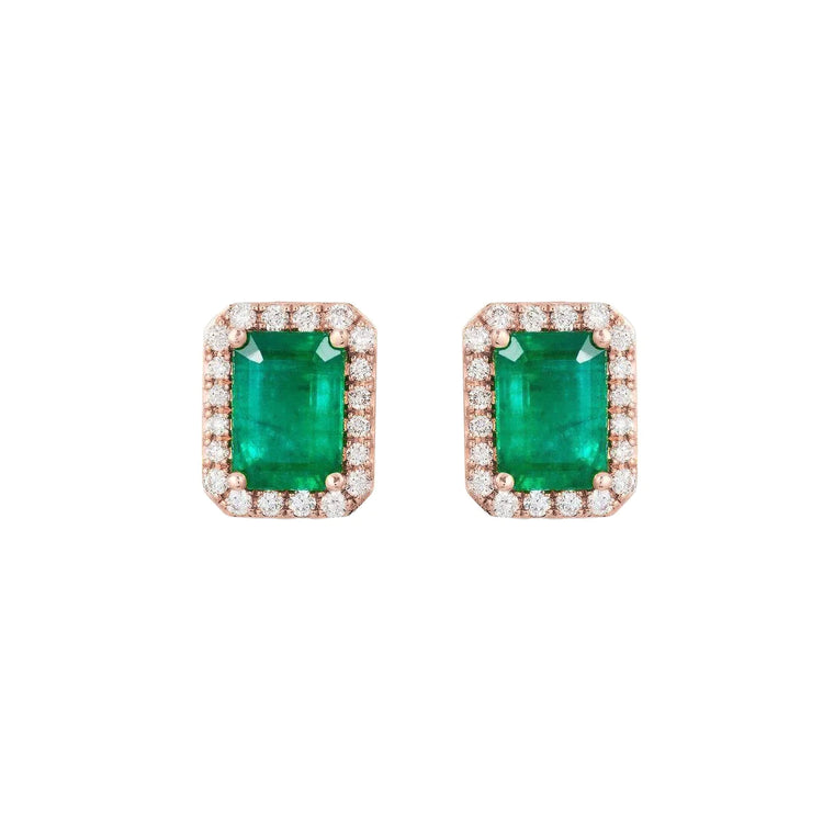 Boucles d'oreilles Lady Halo en or rose 14K émeraude Vert avec diamants 8 carats