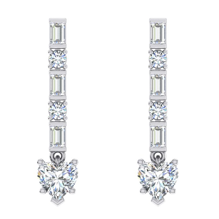 Boucles d'oreilles Pendantes en Réel Diamant Baguette Et Cœur