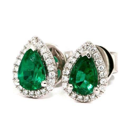 Boucles d'oreilles émeraude Vert taille poire 10 carats avec diamants ronds et halo 14K