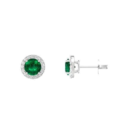 Boucles d'oreilles en halo d'émeraudes Vert et de diamants Coupe Ronde de 3.80 carats