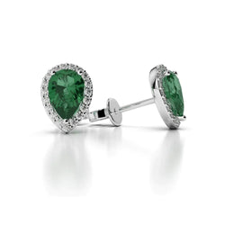 Boucles d'oreilles en or blanc 14K 4 carats poire émeraude Vert avec diamants ronds