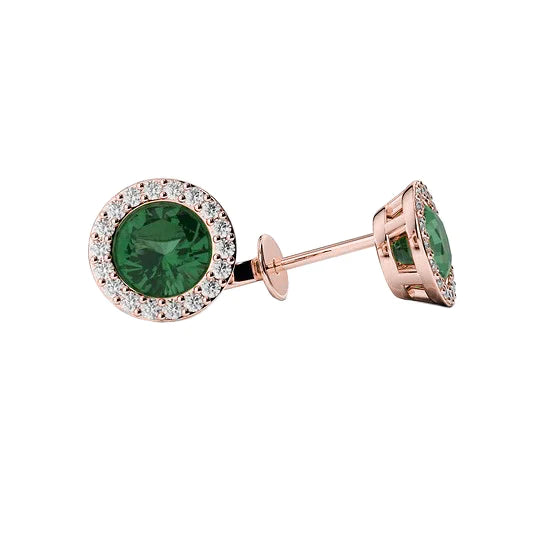 Boucles d'oreilles en or rose 14K rondes de 4.50 carats avec émeraude Vert et diamants