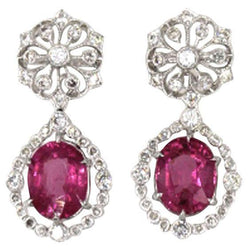 Boucles d'oreilles fines pendantes en or blanc avec diamants en tourmaline rose pour femmes 14 ct.