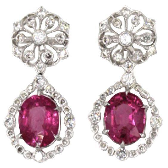 Boucles d'oreilles fines pendantes en or blanc avec diamants en tourmaline rose pour femmes 14 ct. - HarryChadEnt.FR