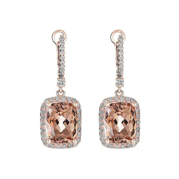 Boucles d'oreilles pendantes morganite 9 carats avec petit diamant en or rose 18K