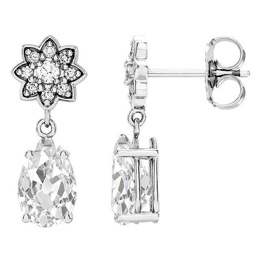 Boucles d'oreilles pendantes poire Vieux mineur & Réel diamants ronds 7.50 Ct. Style d'étoile
