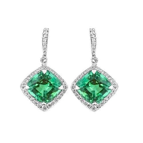 Boucles d'oreilles pendantes pour dames émeraude Vert 6 ct avec diamants or blanc 14K
