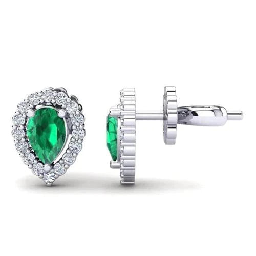 Boucles d'oreilles poire émeraude Vert avec diamants ronds et halo 5.40 carats WG 14K