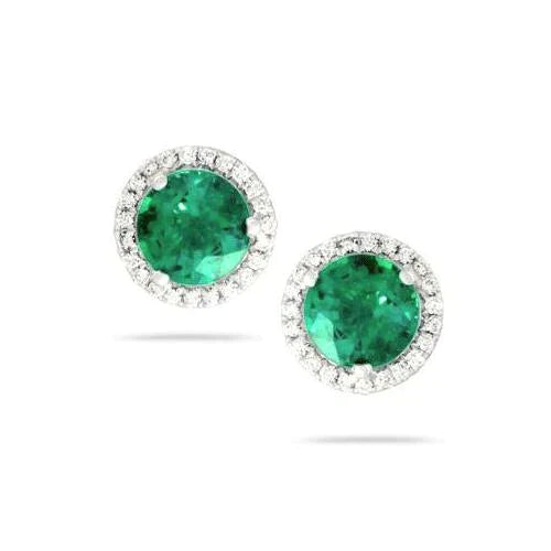 Boucles d'oreilles rondes émeraude Vert avec diamants pour femmes en or blanc 14K