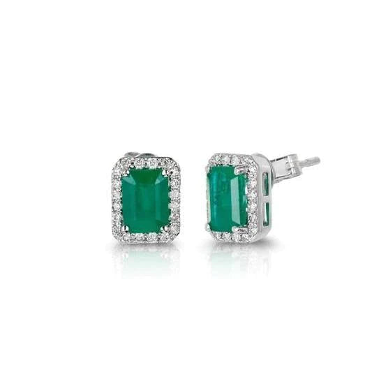 Boucles d'oreilles serties d'émeraudes Vert 9 carats avec diamants or blanc 14K