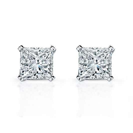 Boucles D'Oreilles Femme 4 Carats Naturel Diamants Taille Princesse Or Blanc 14K