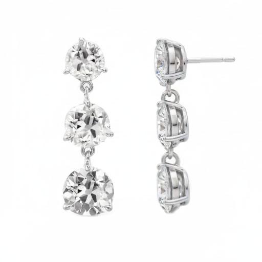 Boucles d'Oreilles Pendantes Réel Diamant Or Blanc 3 Pierres Rondes Taille Ancienne Mine 6 Carats