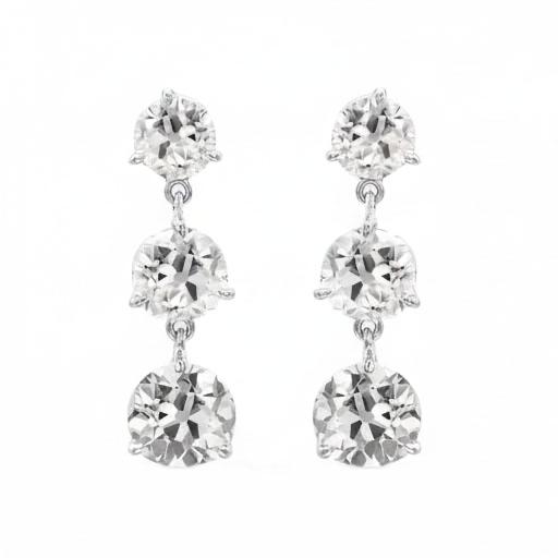 Boucles d'Oreilles Pendantes Réel Diamant Or Blanc 3 Pierres Rondes Taille Ancienne Mine 6 Carats