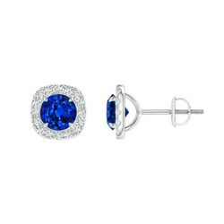 Boucles d'oreilles En Saphir Rond Bleu Et Diamants Halo