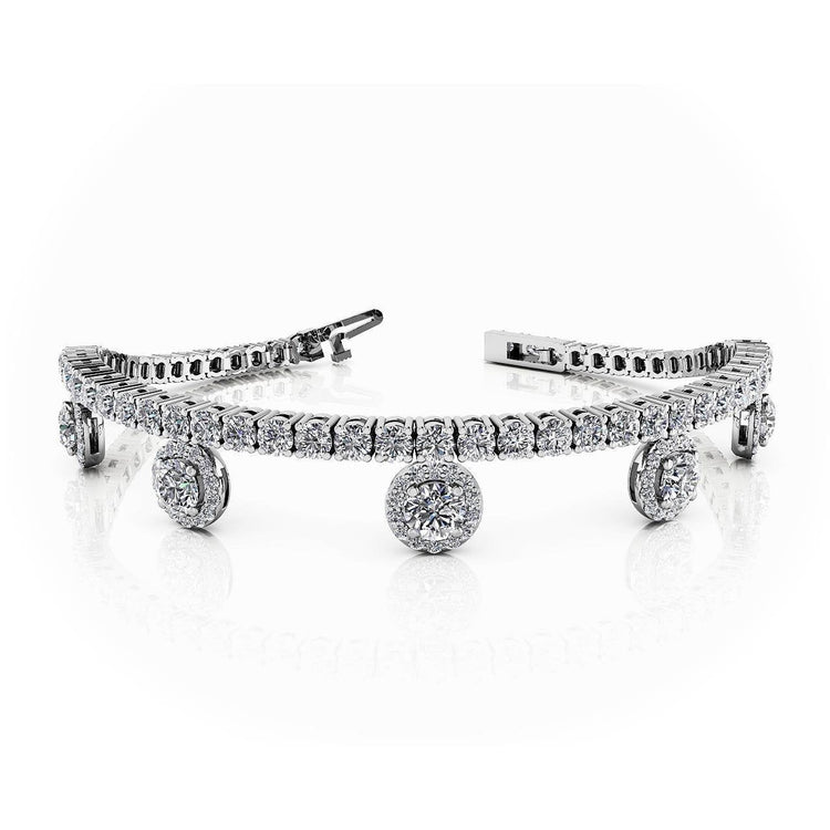 Bracelet A Breloques Véritable Diamant Rond Etincelant En Or Blanc 14K 13.50 Ct Nouveau