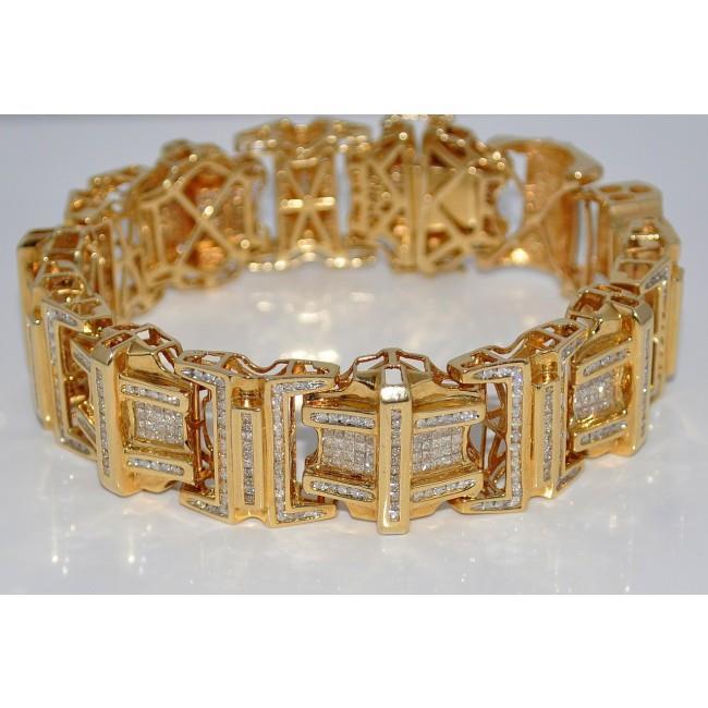 Bracelet Homme Princess & Round Véritable Diamant 9 Carats Or Jaune 14K