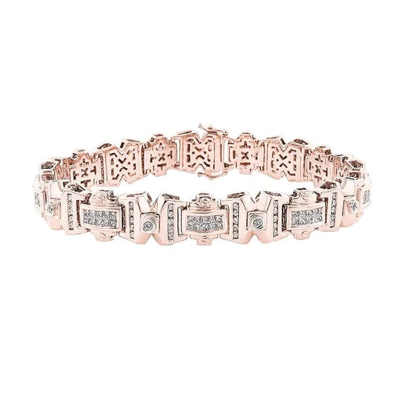 Bracelet Homme Princesse Or Rose 14K Avec Réel Diamant Rond 9 Carats