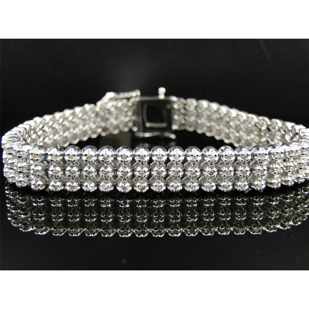 Bracelet Homme Véritable Diamant Rond 24 Carats À Trois Rangs Or Blanc 14K