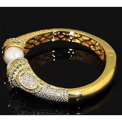 Bracelet Jonc Réel Diamant Perle 10 Mm 5 Carats Femme Or Jaune 14K