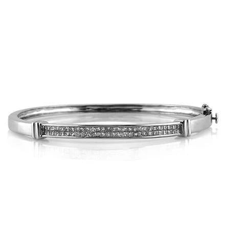Bracelet Jonc Réel Diamant Taille Princesse 3 Carats En Or Blanc 14K