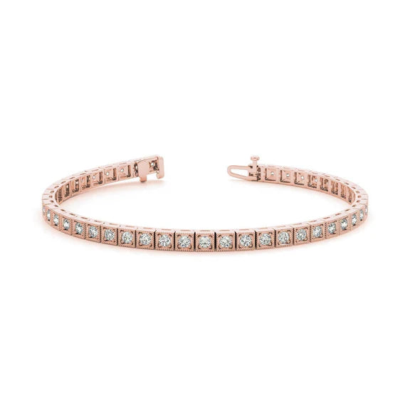 Bracelet Milegrain à 4,40 Carats De Réel Diamants Ronds Étincelants 14K D'Or Rose