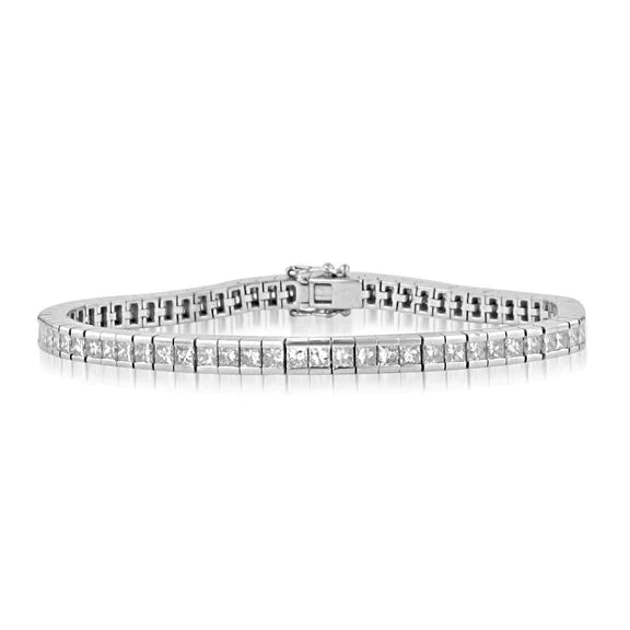 Bracelet Tennis En Or Blanc à 7 Carats De Réel Diamants Princesses