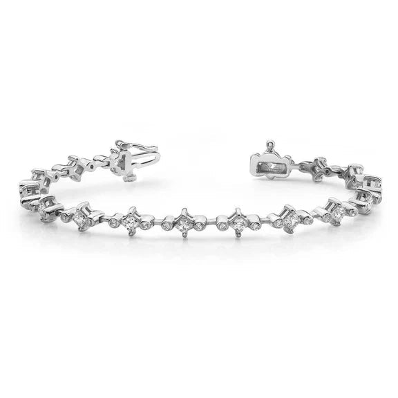 Bracelet Tennis Princesse & Réel Diamant Rond 3.20 Carats Or Blanc 14K