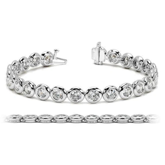 Bracelet Tennis Réel Diamant Coupe Ronde Serti Clos Or Blanc 7.50 Carats 14K