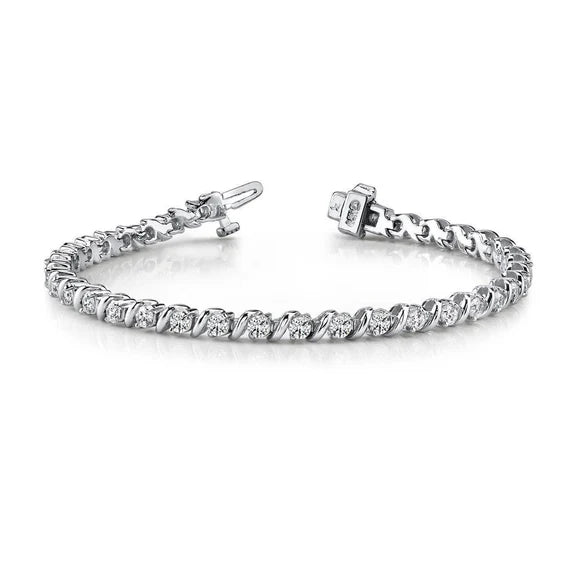 Bracelet Tennis Réel Diamants Ondulés Capuche Lien Or Blanc 14K Neuf 3.60 Ct