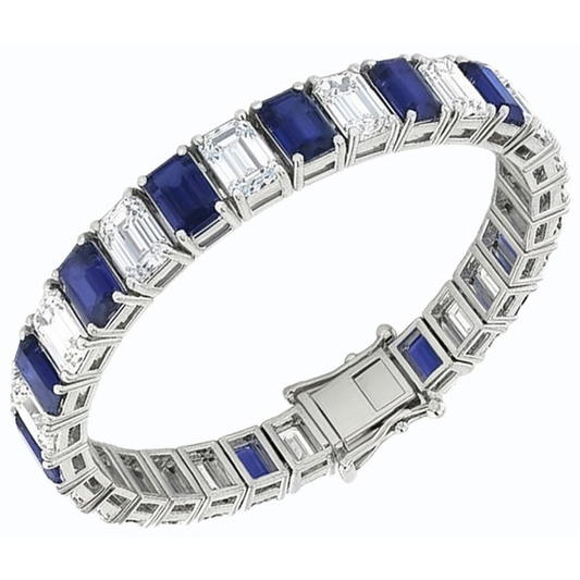 Bracelet Tennis Saphir Bleu Taille Emeraude 12 Carats Bijoux Neuf