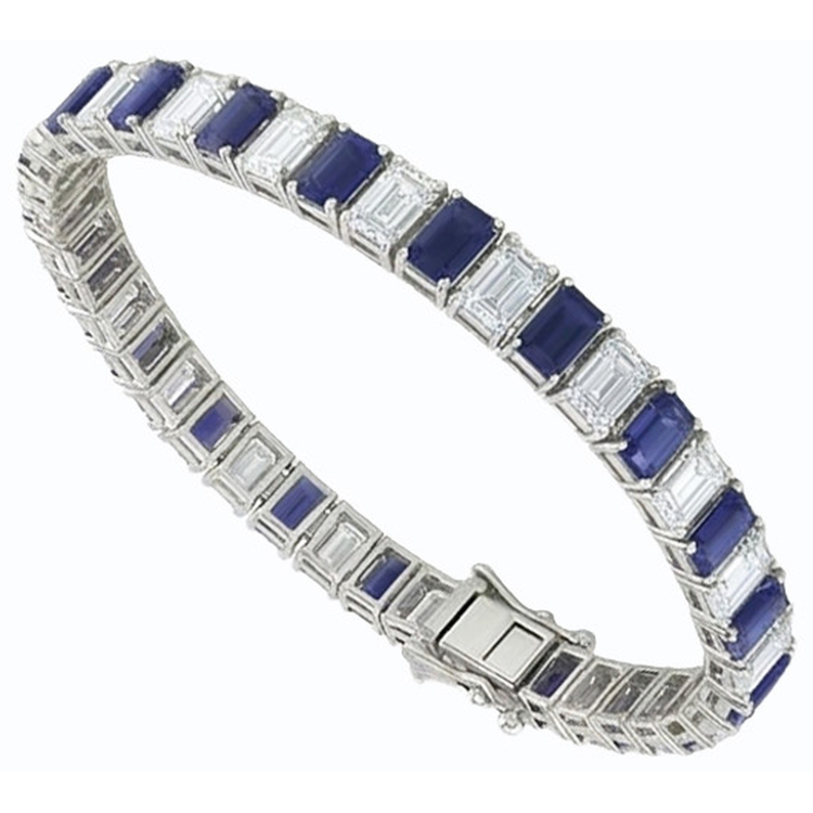 Bracelet Tennis Saphir Bleu Taille Emeraude 12 Carats Bijoux Neuf