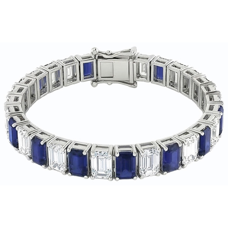 Bracelet Tennis Saphir Bleu Taille Emeraude 12 Carats Bijoux Neuf