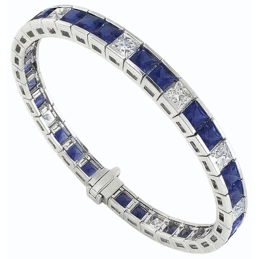 Bracelet Tennis Saphir Bleu Taille Princesse 25 Carats Or Blanc 14K