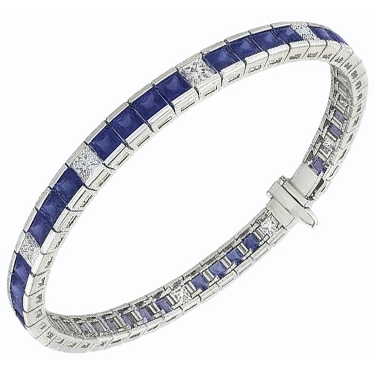 Bracelet Tennis Saphir Bleu Taille Princesse 25 Carats Or Blanc 14K