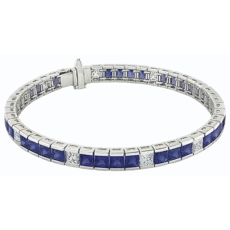 Bracelet Tennis Saphir Bleu Taille Princesse 25 Carats Or Blanc 14K